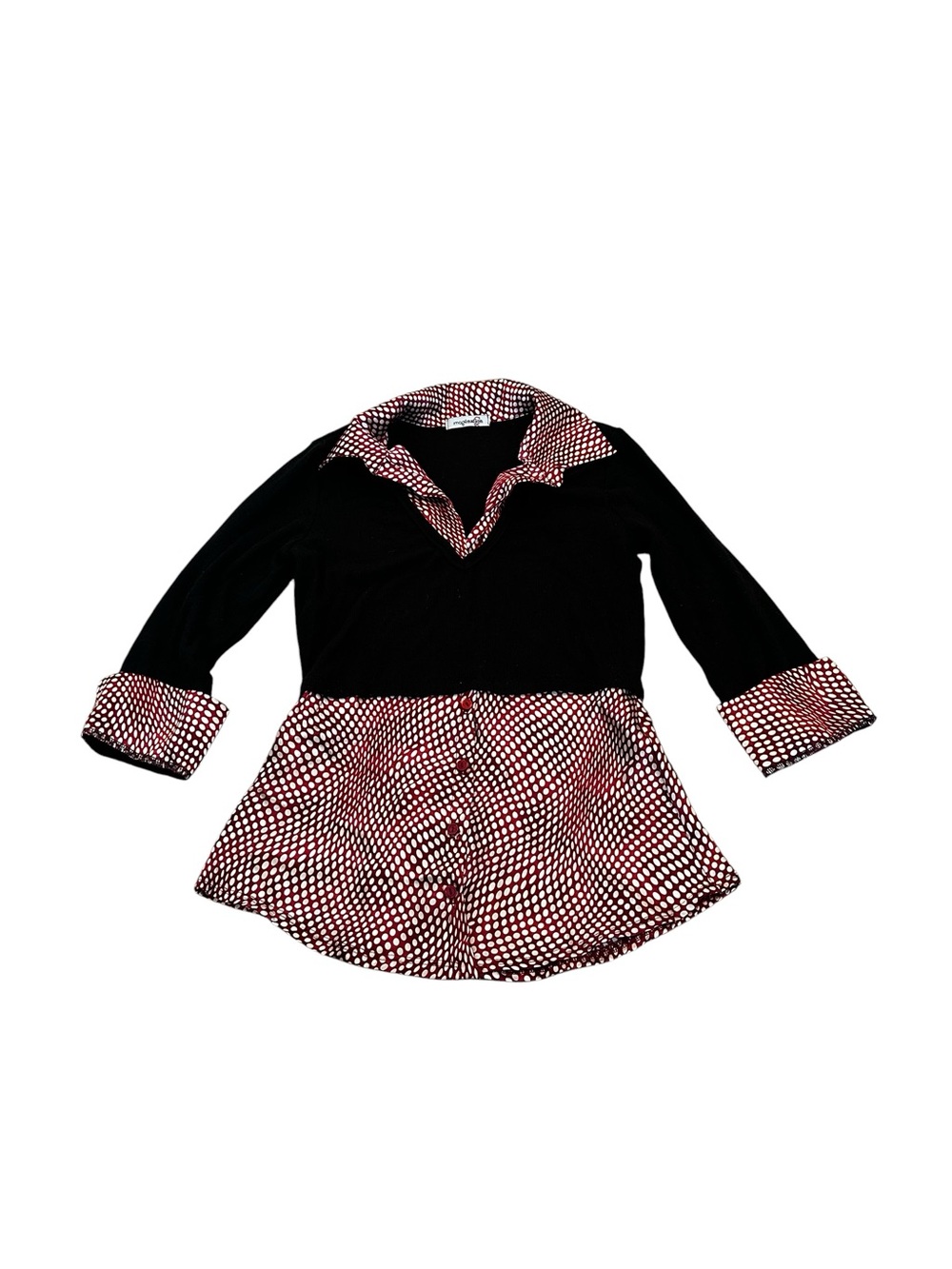 Vintage 2000s Faux Layered 2 in 1 Top Collard Blouse Sweater Black & Polka Dots